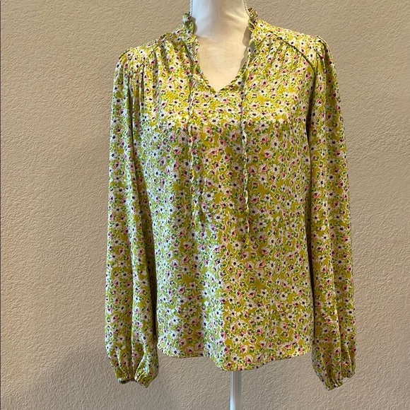 Green and Pink Long Sleeve Blouse with Tie Front - Picture 1 of 6